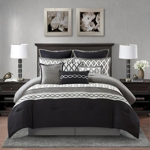 Grand Avenue Juego de edredón negro tamaño King, 10 piezas, edredones y juegos de ropa de cama jacquard, falda de cama a juego, almohadas y fundas