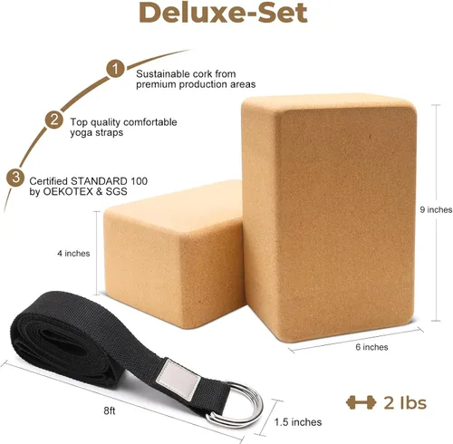 Miniatura 6 de Bloques de corcho para yoga 2 unidades - Juego de bloques de corcho natural de Portugal, 9.0"x6.0"x4.0" Bloques de yoga antideslizantes y antivuelco
