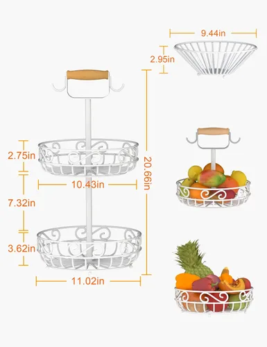 Miniatura 2 de Plato de 2 niveles y frutero – Almacenamiento de frutas y verduras con colgador de árbol de plátano y mango de madera, cesta de frutas para encimera
