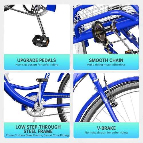 Miniatura 4 de Outroad - Triciclo Comfort de 24/26 pulgadas, triciclo de crucero de 1 velocidad, bicicletas de 3 ruedas con cesta grande para personas mayores