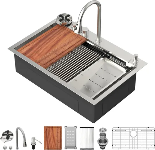 Miniatura 16 de Fregadero de cocina para exteriores, 21 x 20 pulgadas, fregadero de barra para exteriores, fregaderos de cocina de acero inoxidable de montaje