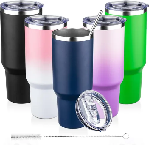 Miniatura 22 de Vaso de 30 onzas con tapas y pajillas, vaso aislado al vacío de doble pared, de acero inoxidable, a prueba de fugas, con recubrimiento en polvo