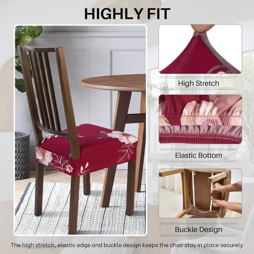 Miniatura 2 de SearchI - Fundas de asiento para sillas de comedor elásticas, juego de 6, fundas de asiento suaves extraíbles y lavables para sillas de comedor, Rojo