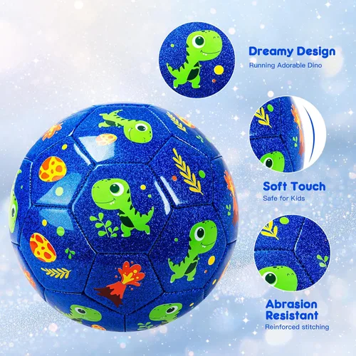 Miniatura 4 de Balón de fútbol tamaño 4, tamaño 3, tamaño 2 con bomba desinflada, juguetes de dinosaurio de unicornio con purpurina para niños pequeños