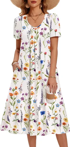 Miniatura 18 de Zeagoo Vestido de verano para mujer, casual, floral, midi, con bolsillos, cuello en V, plisado, manga corta, estilo alineado, para vacaciones