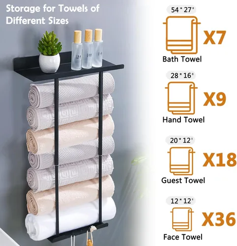 Miniatura 2 de Toallero de metal para colgar en la pared del baño, toallero de baño negro para almacenamiento de toallas de baño con ganchos para colgar y estante