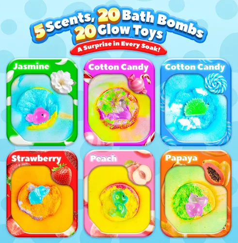 Miniatura 3 de Bombas de baño para niños con sorpresa en el interior, paquete de 20 bombas de baño hechas a mano con juguetes que brillan en la oscuridad, bolas