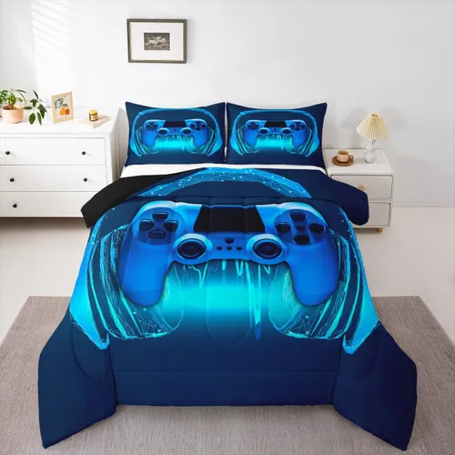Miniatura 21 de Juego de edredón de videojuegos para niños, niñas y hombres, juego de ropa de cama con estampado de consola de videojuegos negro, decoración