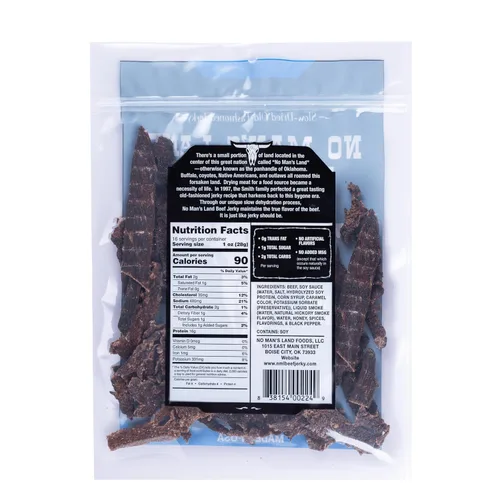 Miniatura 2 de No Man's Land Beef Jerky - Bocadillo de Carne de Res Bajo en Calorías, Bajo en Carbohidratos, Alto en Proteínas - Sabor PIMIENTA NEGRA 16oz