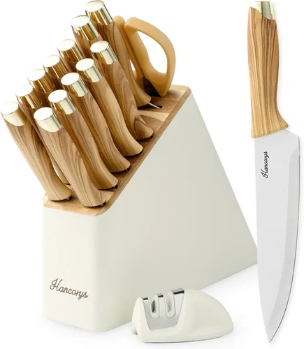 Juego de cuchillos de cocina con afilador, juego de cuchillos de acero inoxidable alemán dorado con bloque y mango ergonómico de grano de madera,