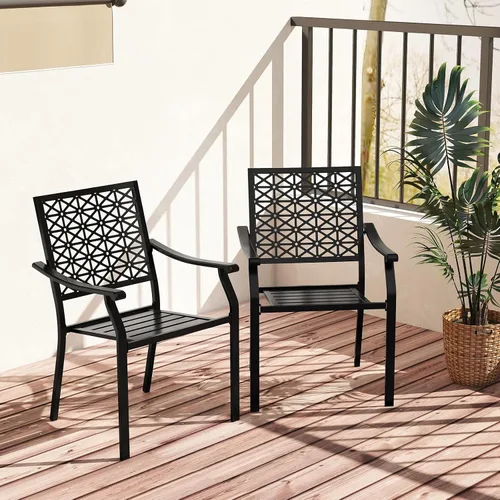 Miniatura 7 de Giantex Juego de 2 sillas apilables de comedor para patio, sillas de metal apilables para exteriores con reposabrazos, marco de acero reforzado