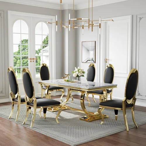 Miniatura 10 de Juego de mesa de comedor de mármol de 70 pulgadas para 6, mesa de cocina grande y sillas de cuero negro, mesas de comedor modernas negras y doradas