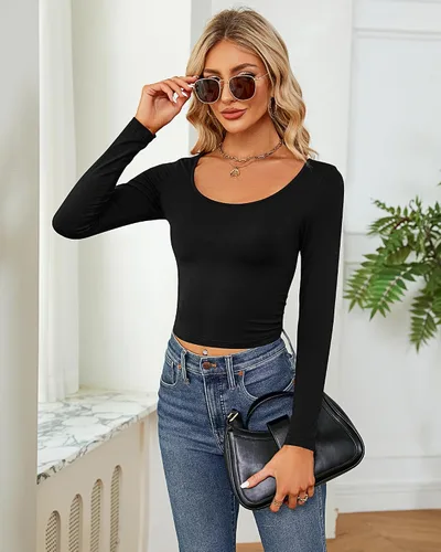 Miniatura 2 de 3 piezas de camisetas cortas básicas de manga larga para mujer, ajustadas, cuello redondo, color liso, casual, para mujer