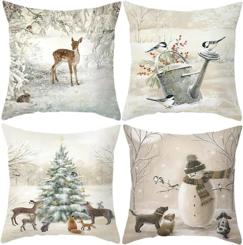 Funda de Almohada Decorativa de Animales Navideños - 18 x 18 Pulgadas Funda de Almohada de Mascota Muñeco de Nieve Jarrón Ciervo Perro Conejo Pájaro