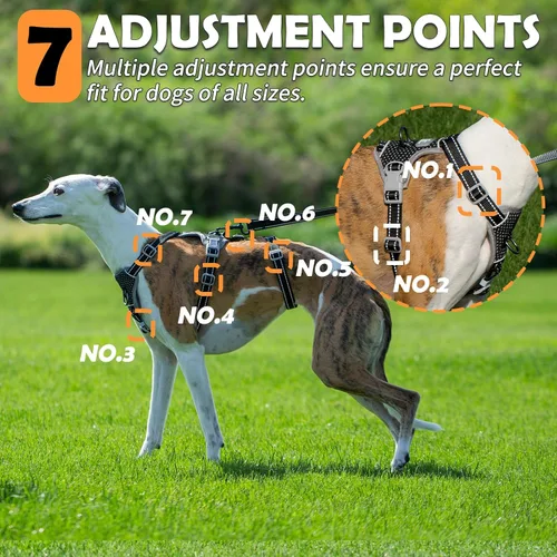 Miniatura 6 de Huntboo Arnés para perro a prueba de escapes, sin tirones, antideslizante, totalmente reflectante, diseño ajustable de 7 puntos para perros Negro