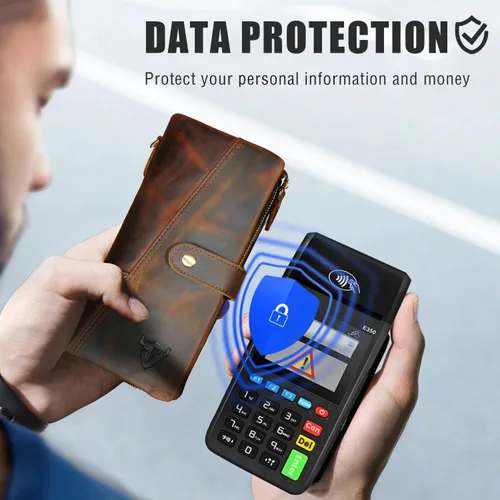 Miniatura 60 de Genuino Caballo Loco Cuero Regalo de Viaje Moneda Bolsillo Tarjetero Organizador Largo Cadena Rfid Cartera Monedero Con Broche Para Hombres Hombres