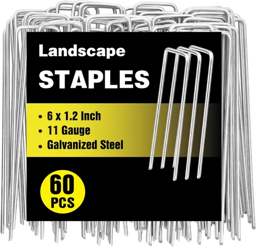 Paquete de 60 grapas de paisaje de 6 pulgadas, estacas de jardín galvanizadas de calibre 11, estacas de cubierta para plantas en forma de U, estacas
