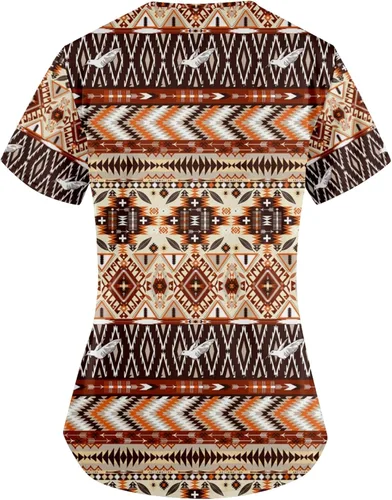Miniatura 2 de AMOMA Camisa de enfermería con cuello en V para mujer, manga corta, con estampado azteca, con dos bolsillos