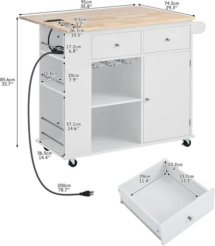 Miniatura 6 de Isla de cocina con toma de corriente, isla de almacenamiento de cocina con hojas caídas y madera de goma, mesa de carrito de cocina con 5 ruedas