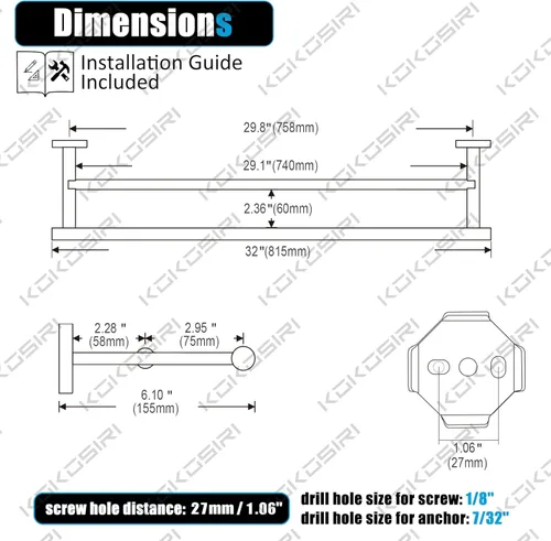 Miniatura 2 de KOKOSIRI Toalleros dobles de 32 pulgadas para baño, color negro mate, soporte para toallas de baño de 32 pulgadas para pared de baño, acero