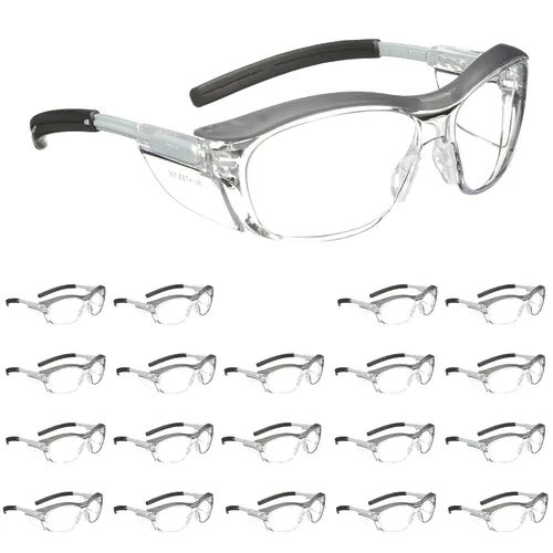 3M Gafas de seguridad, Nuvo, 1 par, ANSI Z87, lente transparente antiniebla, montura gris retro, puente de nariz suave, barra de cejas integral y