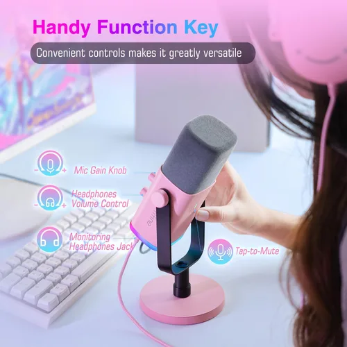 Miniatura 5 de FIFINE - Micrófono XLR/USB de PC para grabación de juegos con conector para auriculares, botón de silencio, RGB dinámico, de transmisión para Rosa
