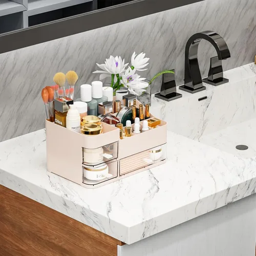 Miniatura 5 de SuoXing Organizador de maquillaje rosa para tocador, grandes organizadores de plástico para el cuidado de la piel con cajones, organizador