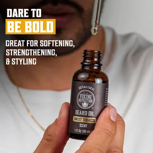 Miniatura 2 de Viking Revolution Aceite de barba de tabaco dulce para hombres, aceite natural para barba con aceite de argán y aceite de jojoba, suavizante