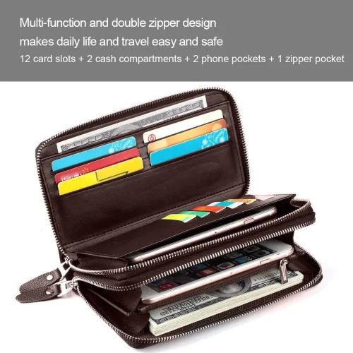 Miniatura 4 de Bolso de mano para hombre, bolso de cuero genuino con cremallera, cartera larga para negocios, bolso de mano grande