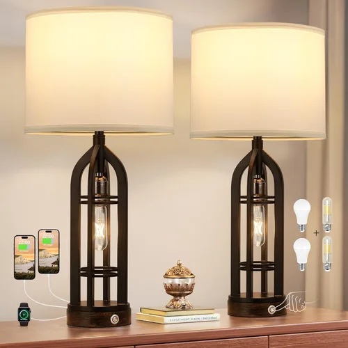 Miniatura 9 de Seealle Juego de 2 Lámparas de Mesa para Sala de Estar - Lámpara de Noche de Aspecto de Madera para Dormitorio con USB C+A y Enchufe, Lámparas