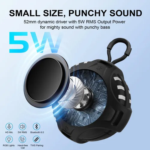 Miniatura 4 de Altavoz Bluetooth inalámbrico, altavoz portátil de dientes azules con IPX6 impermeable, batería de 2500 mAh, emparejamiento TWS, luz RGB, micrófono