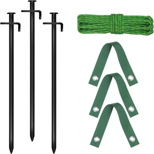 Miniatura 9 de Kit de estaca para árbol, soporte de anclaje resistente para árboles jóvenes con mal tiempo, incluye 3 correas de árbol, 3 estacas de metal