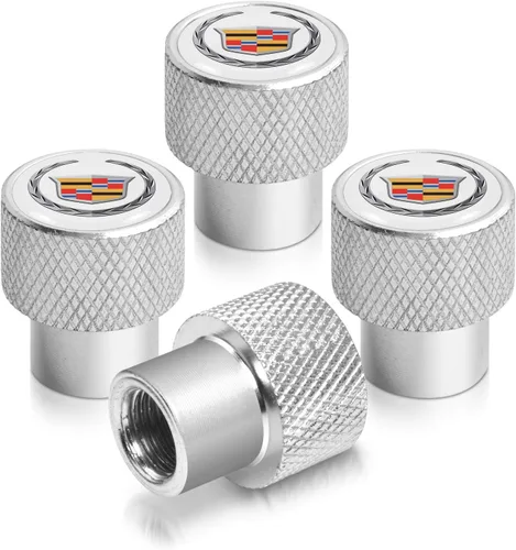 iPick Image Tapas de vástago de válvula de neumático de aluminio de alta calidad para el logotipo de Cadillac en color blanco sobre plateado Blanco