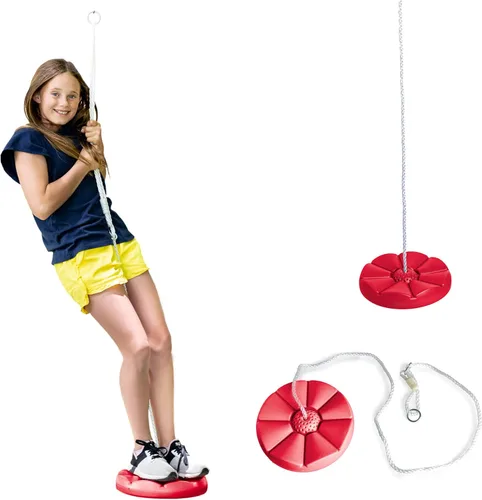 Squirrel Products Columpio de disco, para colgar de árbol, con cuerda para jugar al aire libre Rojo