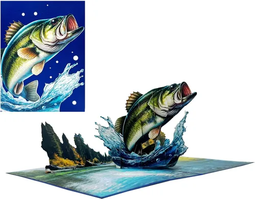 Miniatura 3 de Bass Fish - Tarjeta de felicitación emergente 3D Diseño de tarjeta de cumpleaños emergente hecha a mano simbólica para cumpleaños, aniversarios
