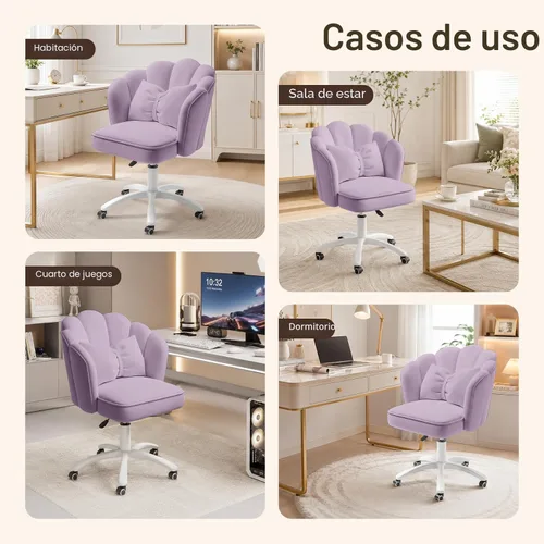 Miniatura 7 de Silla de tocador con ruedas Silla de escritorio de terciopelo con pétalos Silla de oficina en casa copetada tapizada para mujeres y niñas, Silla