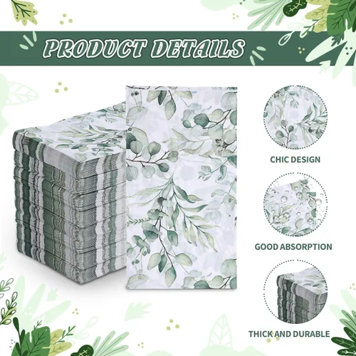 Miniatura 3 de 100 servilletas desechables para invitados, toallas de mano desechables de papel con hojas verdes, servilletas de mano decorativas de papel