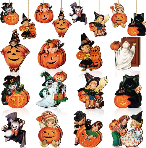 Geelin 24 piezas de adornos góticos de Navidad para decoraciones de árbol Gato negro Calabaza Talla de madera Murciélago Colgante Pendientes