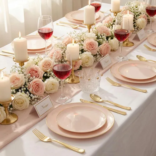 Miniatura 3 de KIRE 175 platos rosados desechables – Juego de vajilla de plástico rosa y dorado resistente, 25 para cena, 25 para postre, 25 servilletas