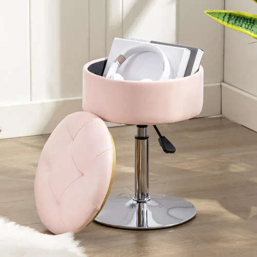 Miniatura 12 de LUE BONA Taburete giratorio de 360° para sala de maquillaje, taburete ajustable en altura para tocador con almacenamiento, pequeño cuero sintético