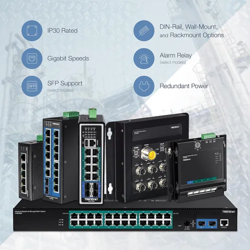 Miniatura 7 de TRENDnet Conmutador industrial Gigabit PoE+ de 10 puertos, 8 puertos Gigabit PoE+, Montaje en carril DIN, 2 ranuras SFP, Presupuesto de alimentación