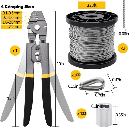 Miniatura 2 de Kit de herramienta de crimpado de cuerda de alambre de 656 pies, cuerda de alambre de acero inoxidable de 1/16" con mangas de crimpado de aluminio