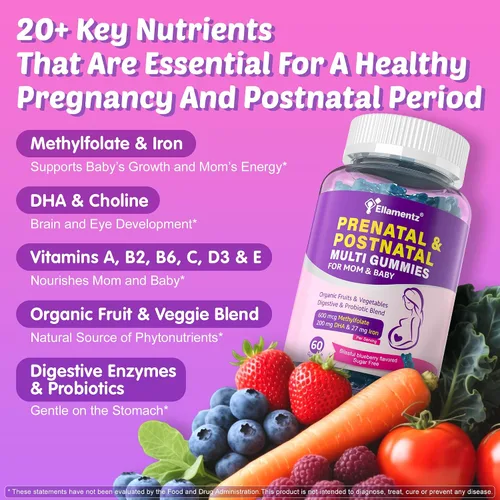 Miniatura 5 de Vitaminas prenatales para mujeres con metilfolato, omega-3 DHA vegano, mezcla de alimentos orgánicos, probióticos, hierro, vitamina D3 B6 B12