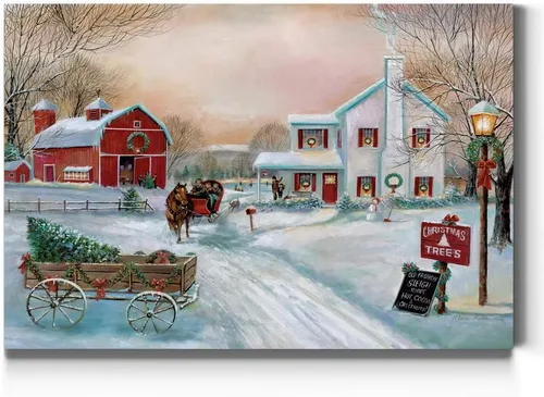 Renditions Gallery Granja de Árboles de Navidad - Arte de pared, escena de invierno campestre con granero rojo, decoraciones encantadoras, Árbol de