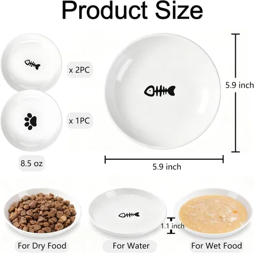 Miniatura 2 de Paquete de 3 cuencos de cerámica para gatos para interiores, platos antifatiga y antibigotes, 5.9 pulgadas de ancho, platos de cerámica poco Pata