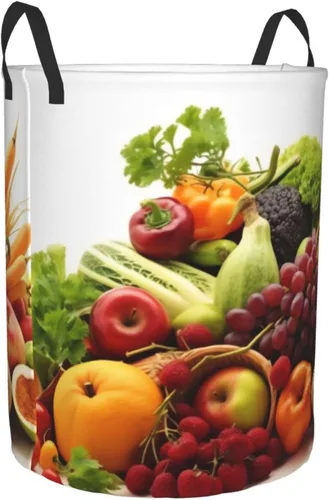 Miniatura 2 de Cesta circular con estampado de verduras y frutas, impermeable, cesta organizadora de ropa, con asas, para ropa, juguetes, pequeña