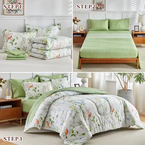 Miniatura 4 de Joyreap - Juego de ropa de cama tamaño Queen en una bolsa, 7 piezas, juego de edredón floral, hojas verdes y pájaros coloridos sobre diseño blanco