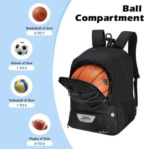 Miniatura 3 de MoKo Mochila de baloncesto con gancho, mochila grande de voleibol y fútbol, bolsa de gimnasio con compartimentos separados para pelotas y zapatos