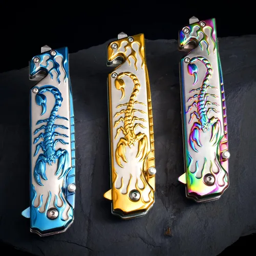 Miniatura 6 de Vividstill Cuchillo de bolsillo para hombres, cuchillo plegable arcoíris genial con patrón en relieve 3D, gran regalo de cuchillo EDC para hombres