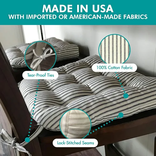 Miniatura 5 de Barnett Home Decor Ticking Stripe Berlin Blue - Almohadilla para silla de comedor con lazos, tamaño mediano 18, relleno de espuma de látex, lavable